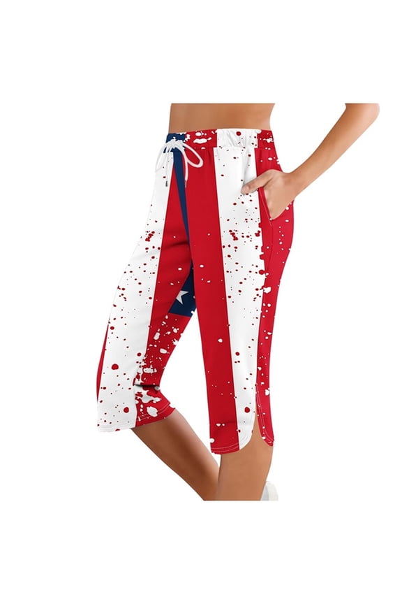 Womens Elastic Waist Splatter Flag Printed Split Hem Capri Pants, Retro Pattern for Independence Day Style Slacks Red XXL