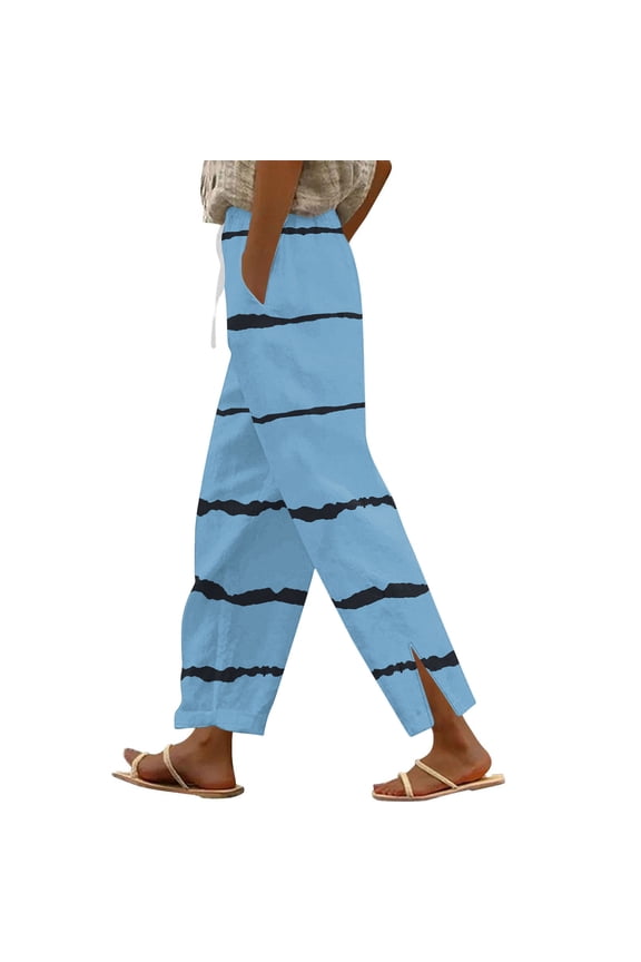 Womens Elastic Waist Striped Printed Split Hem Straight Leg Pants, Smooth Texture Material with Drawstring Casual Slacks Blue S
