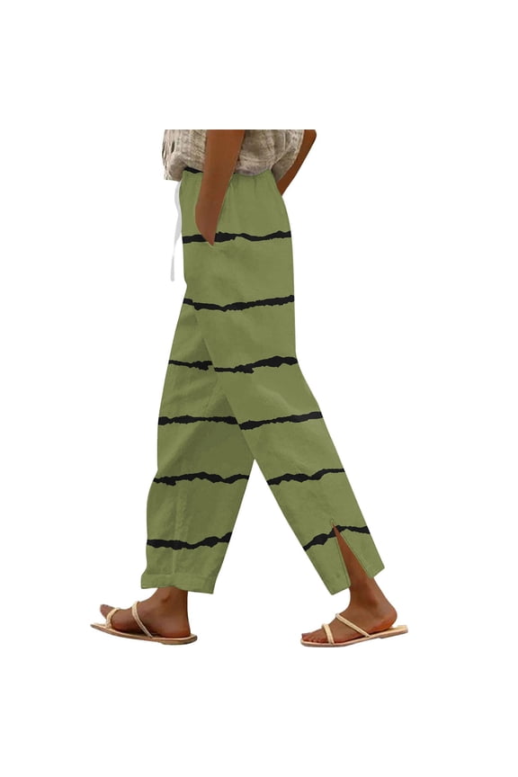 Womens Elastic Waist Striped Printed Split Hem Straight Leg Pants, Smooth Texture Material with Drawstring Casual Slacks Green S