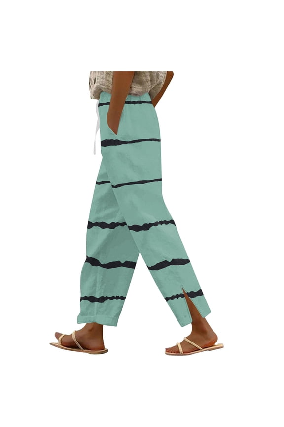 Womens Elastic Waist Striped Printed Split Hem Straight Leg Pants, Smooth Texture Material with Drawstring Casual Slacks Green XXL