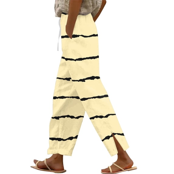 PWPSG Womens Elastic Waist Striped Printed Split Hem Straight Leg Pants, Smooth Texture Material with Drawstring Casual Slacks Yellow S