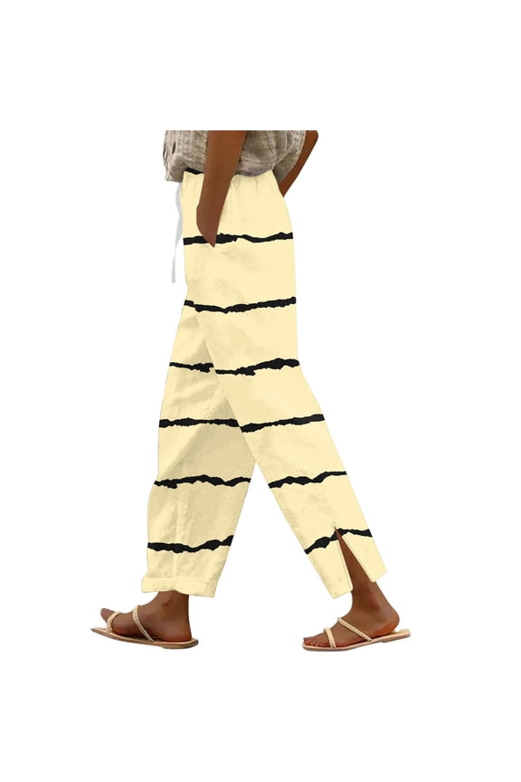 Womens Elastic Waist Striped Printed Split Hem Straight Leg Pants, Smooth Texture Material with Drawstring Casual Slacks Yellow XXL