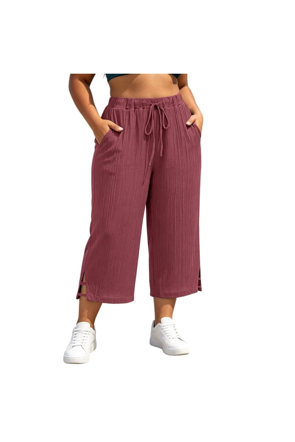 Womens Elastic-Waist Wide-Leg Capri Pants with Textured-Fabric, Side-Slit Hem and Plus Size, Relaxed Cut for everyday casual wear Red XXL