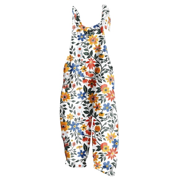 PWPSG Womens Floral Print Overalls Scoop Neck Spaghetti Strap Bow Tie Shoulder Wide Leg Pants with Side Pockets Multicolor XL