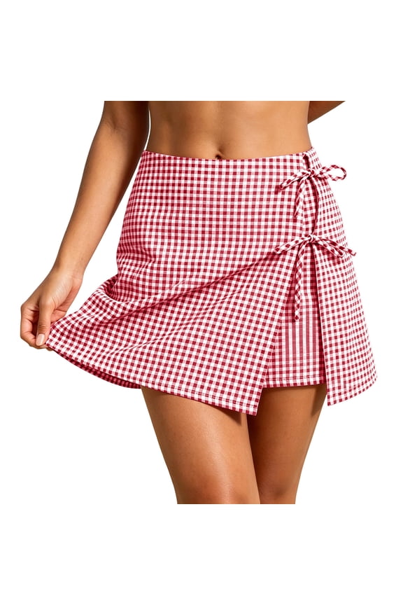 Womens Gingham Wrap Skort, Side Bow Tie Detail with Asymmetrical Hem, Lightweight Fabric for Resort Casual Wear Red XL