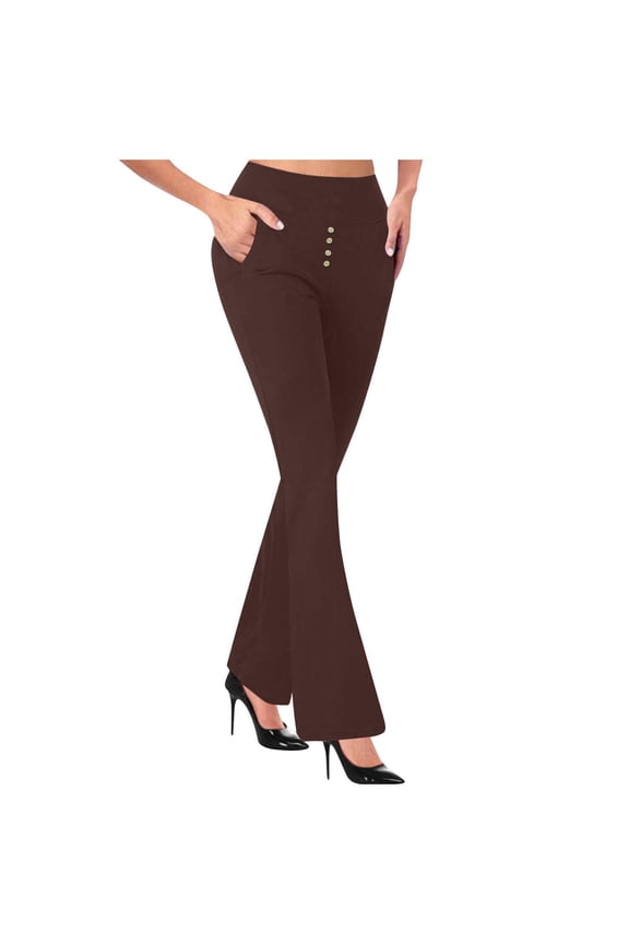 Womens High Waist Bootcut Casual Pants, Chic Front Button Detail for Office Commuter Minimalist Style Brown L