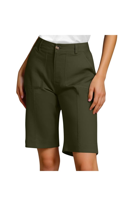 Womens High Waist Button Front Utility Bermuda Shorts, Air Permeable Wear Resistant Fabric Durable Casual Structure Design Green L