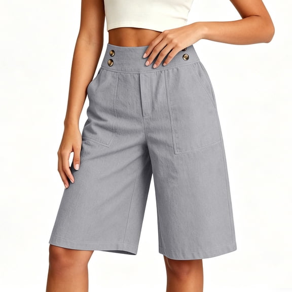 PWPSG Womens High Waist Double Button Bermuda Shorts, Side Slit Design with Straight Leg, Tailored Fit for Daily Commute Wear Gray M