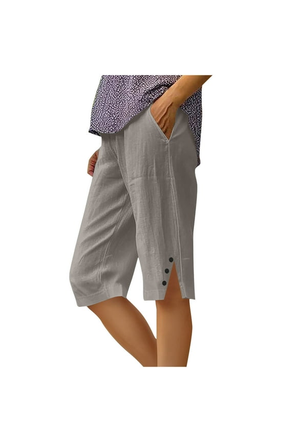 Womens High Waist Linen-Blend Slit Bermuda Shorts, Side Button Embellishment Breathable Material Tailored Relaxed Silhouette Gray XXL