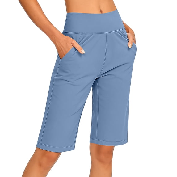 PWPSG Womens High Waist Quick Dry Athletic Capris, Straight Leg with Side Pockets, Lightweight Fabric for Outdoor Commute Wear Blue S