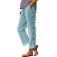 thumbnail image 1 of PWPSG Womens High Waist Side Button Straight Leg Pants, Premium Linen-Blend Fabric for Daily Casual Fashion Style Blue M, 1 of 4