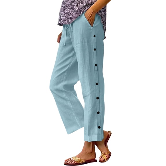 PWPSG Womens High Waist Side Button Straight Leg Pants, Premium Linen-Blend Fabric for Daily Casual Fashion Style Blue M