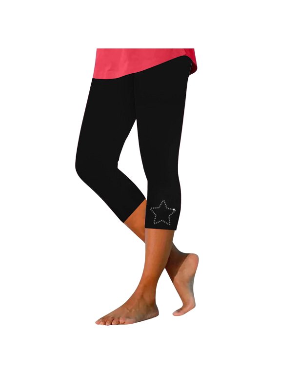 Womens High Waist Star Rhinestone Yoga Capri Pants, Elastic Fabric with Ornate Star Decor for Active Elegant Style Black XXXL