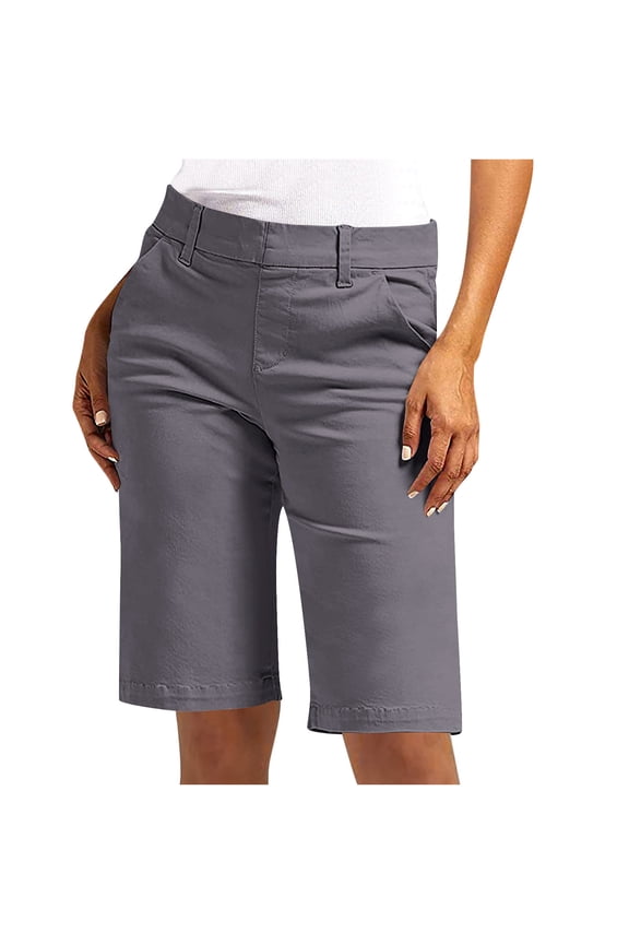 Womens High Waist Straight Leg Bermuda Shorts, Button Fastening Waist Air Permeable Fabric Versatile Casual Style Gray S