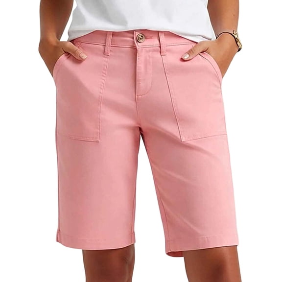 PWPSG Womens High Waist Straight Leg Bermuda Shorts, Front Patch Pockets with Button Fly, Classic Cut for Daily Commute Wear Pink XXL