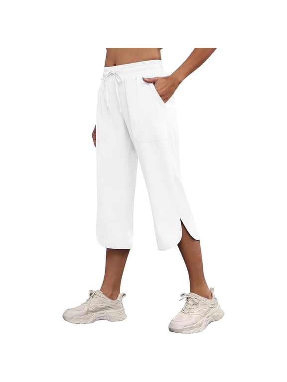 Womens High-Waist Straight-Leg Capri Pants with Curved Side-Slit Hem and Elastic-Waist, Elegant Style for smart casual events White XL
