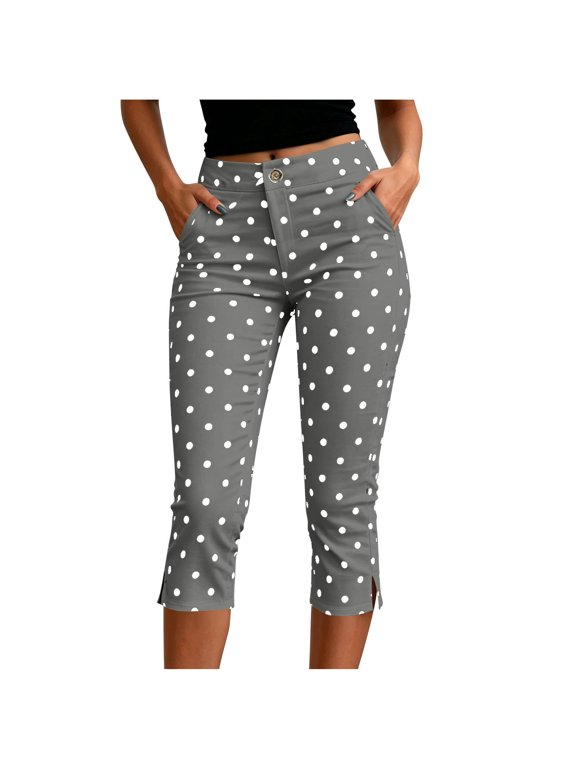 Womens High-Waist Straight-Leg Capri Pants with Polka Dot Print and Side-Slit Hem, Retro Pattern for vintage casual daily looks Gray L