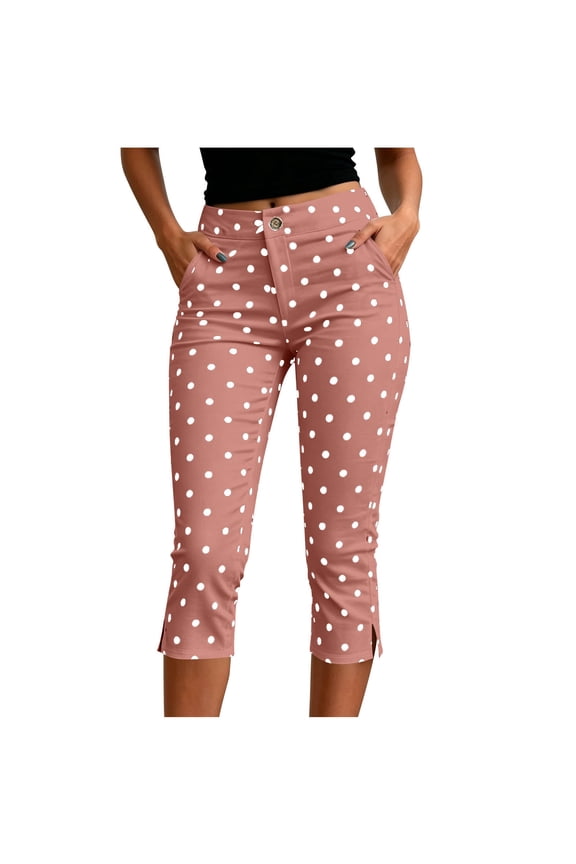 Womens High-Waist Straight-Leg Capri Pants with Polka Dot Print and Side-Slit Hem, Retro Pattern for vintage casual daily looks Pink XXL