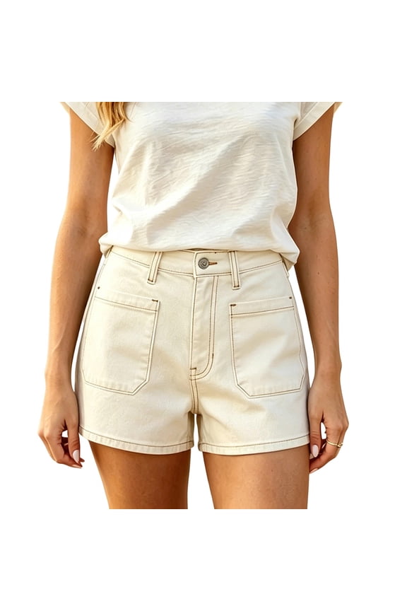 Womens High Waist Straight Leg Denim Shorts, Front Patch Pockets with Button Fly, Washed Fabric for Everyday Casual Wear White XL