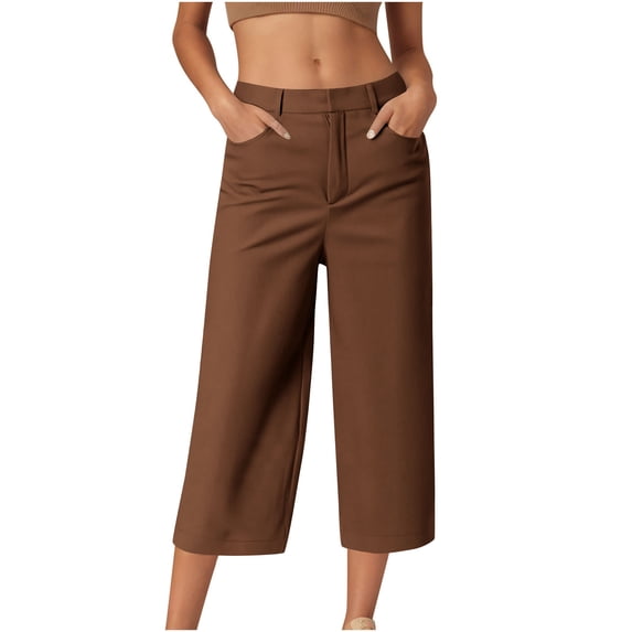 PWPSG Womens High Waist Straight Wide Leg Culottes, Supple Draped Fabric with Comfort Everyday Casual Slacks Brown S