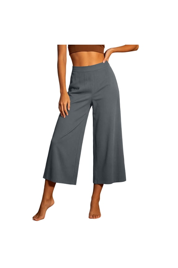 Womens High-Waist Wide-Leg Capri Pants with Flat-Waistband and Loose-Fit, Flowy Cut for smart casual formal events Gray XL