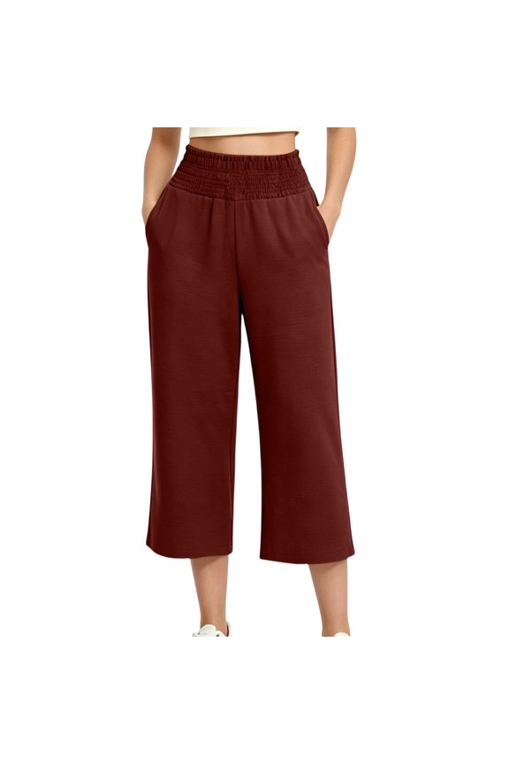 Womens High-Waist Wide-Leg Capri Pants with Smocked-Waistband and Side-Pockets, Practical Style for daily commutes Red M