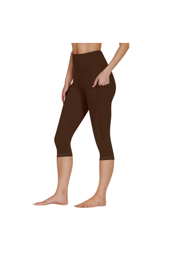 Womens High Waist Workout Yoga Capri Pants, Hidden Side Pocket with Active Stretchy Slim Design Brown XXXL