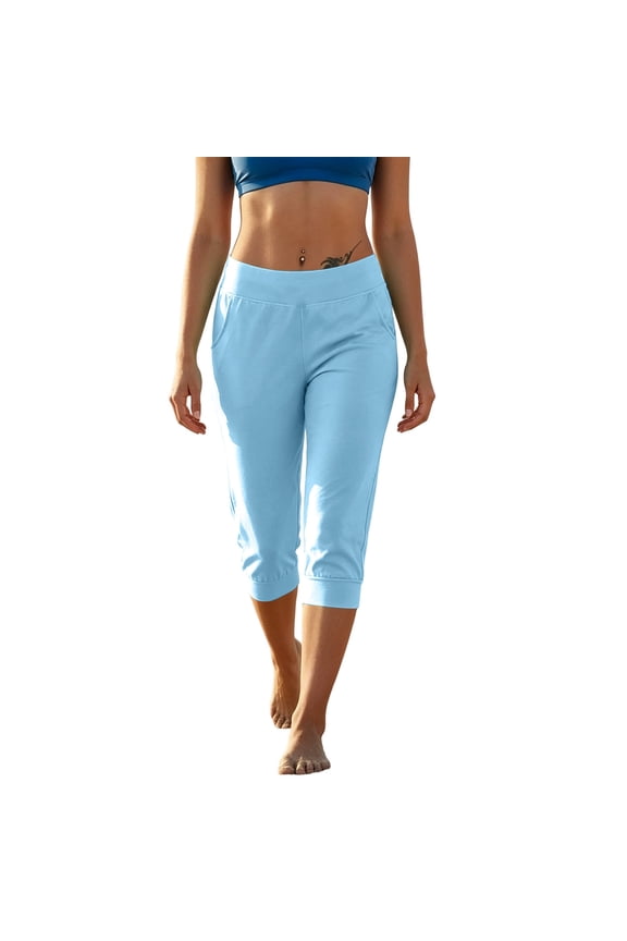 Womens Jogger Capri Pants, High Waist Straight Leg Construction, Soft Terry Material with Comfort Fit for Sporty Casual Outing Blue L