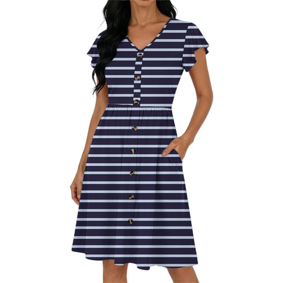 PWPSG Womens Midi Dress Relaxed Fit Summer 2026 V Neck Flutter Sleeve Horizontal Stripe Plus Size Design with Practical Side Storage Pockets Blue S