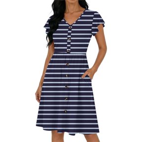 PWPSG Womens Midi Dress Relaxed Fit Summer 2026 V Neck Flutter Sleeve Horizontal Stripe Plus Size Design with Practical Side Storage Pockets Blue S