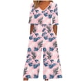 thumbnail image 1 of PWPSG Womens Palm Leaf Print Jumpsuit V Neck Half Sleeve Wide Leg Cropped Romper with Side Buttons Red L, 1 of 5
