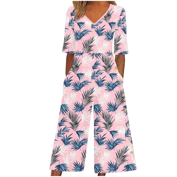 PWPSG Womens Palm Leaf Print Jumpsuit V Neck Half Sleeve Wide Leg Cropped Romper with Side Buttons Red L