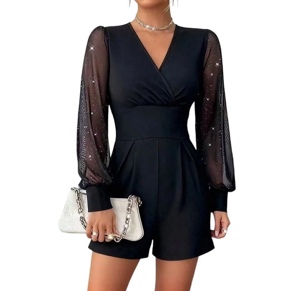 PWPSG Womens Party Jumpsuits V Neck Long Sleeve Mesh Rompers with Elastic Waist and Sparkle Accents Black S