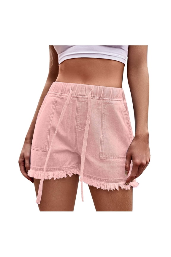 Womens Pink Natural Hem Denim Shorts, Casual Distressed Style with Elastic DNaturalstring Waist and Relaxed Fit Pink S