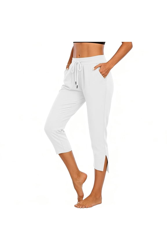 Womens Split Hem Capri Jogger Pants, Drawstring Waist Construction, Stretch Elastic Fabric with Slim Fit for Daily Casual Wear White XXXL