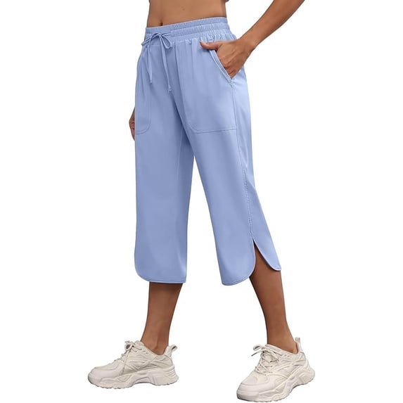 PWPSG Womens Split Hem Capri Pants, Drawstring Waist with Side Slit Design, Wrinkle Resistant Fabric with Loose Fit for Everyday Styling Blue S