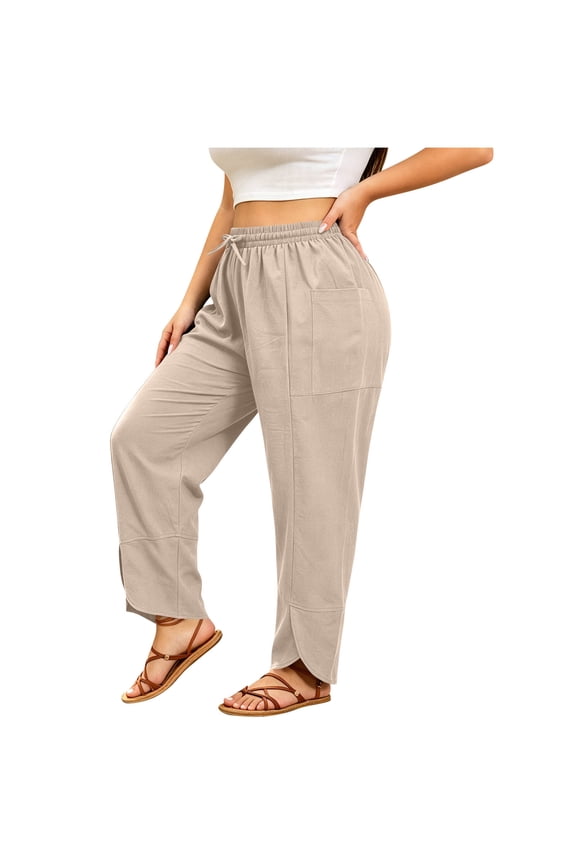 Womens Split Hem Casual Pants, Drawstring Waist Relaxed Cut, Textured Woven Fabric with Side Slit Detail for Vacation Fashion Look Beige L