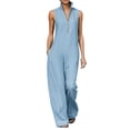 thumbnail image 1 of PWPSG Womens Stand Collar Sleeveless Half Zip Jumpsuits Contrast Stitch Wide Leg Pants with Side Entry Pockets Blue XL, 1 of 5