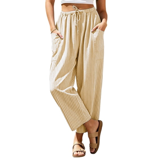 PWPSG Womens Striped Wide Leg Capri Pants, Drawstring Waist Construction, Breathable Fabric with Relaxed Fit for Resort Casual Gathering Orange M