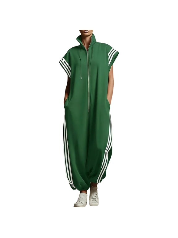 Womens Summer Athletic Jumpsuits Stand Collar Zip Front Casual Playsuits with Striped Trim and Elastic Cuffs Green L