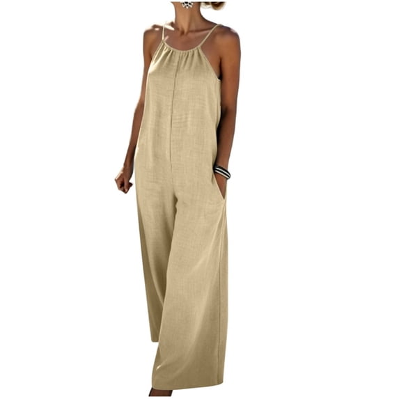 PWPSG Womens Summer Denim Jumpsuits Sleeveless V Neck Casual Playsuits with Drawstring Waist and Wide Leg Beige S