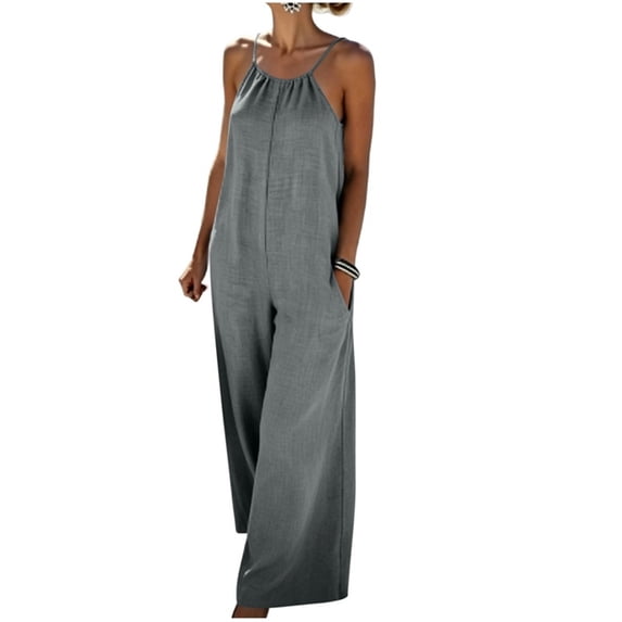 PWPSG Womens Summer Denim Jumpsuits Sleeveless V Neck Casual Playsuits with Drawstring Waist and Wide Leg Gray S