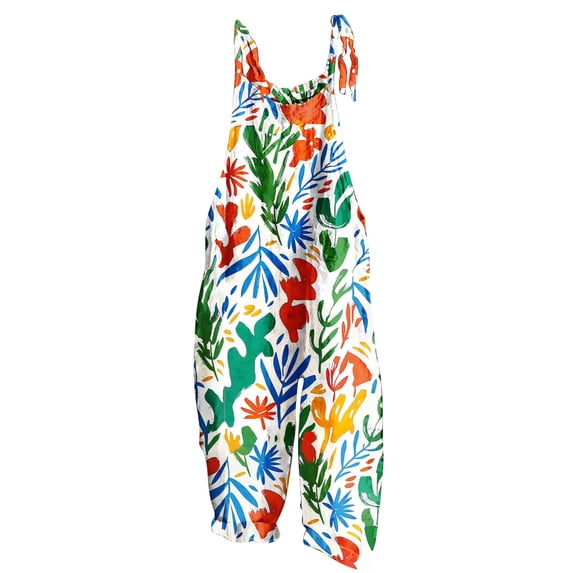 PWPSG Womens Tropical Print Overalls Scoop Neck Spaghetti Strap Bow Tie Shoulder Wide Leg Pants with Side Pockets Multicolor M