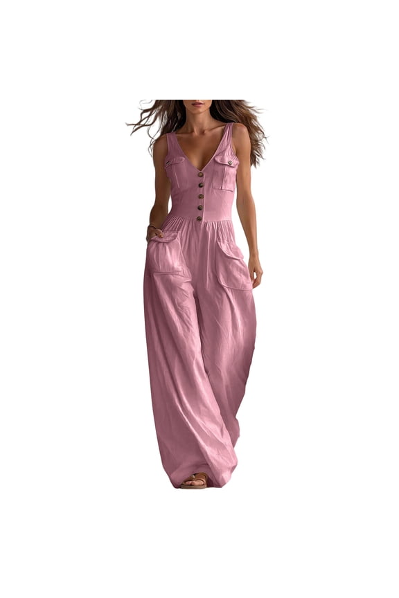 Womens Utility Style Jumpsuits V Neck Sleeveless Button Front Elastic Waist Wide Leg Rompers with Multi Pockets Pink XL