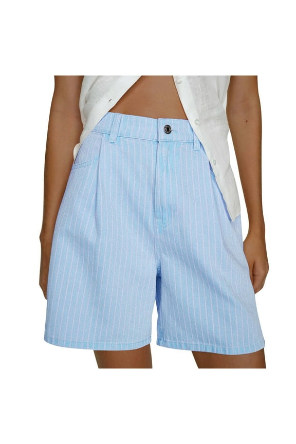 Womens Vertical Stripe Denim Bermuda Shorts, Relaxed Loose Fit with High Rise Waist and Classic Button Fly Blue S