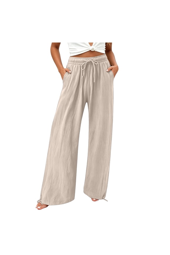 Womens Wide Leg Pants, Drawstring Waist with Adjustable Hem, Textured Woven Fabric for Daily Fashion Casual Styling White S