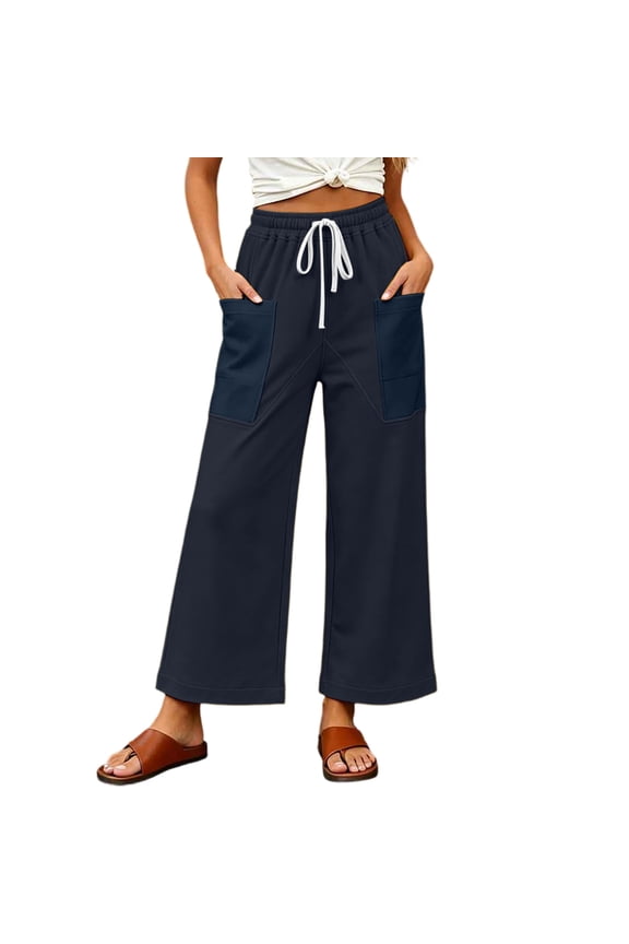 Womens Wide Leg Pants, Drawstring Waist with Contrast Color Pockets, Soft Terry Material in Straight Leg Cut for Daily Casual Attire Blue S