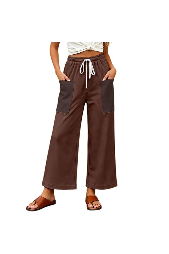 Womens Wide Leg Pants, Drawstring Waist with Contrast Color Pockets, Soft Terry Material in Straight Leg Cut for Daily Casual Attire Brown M