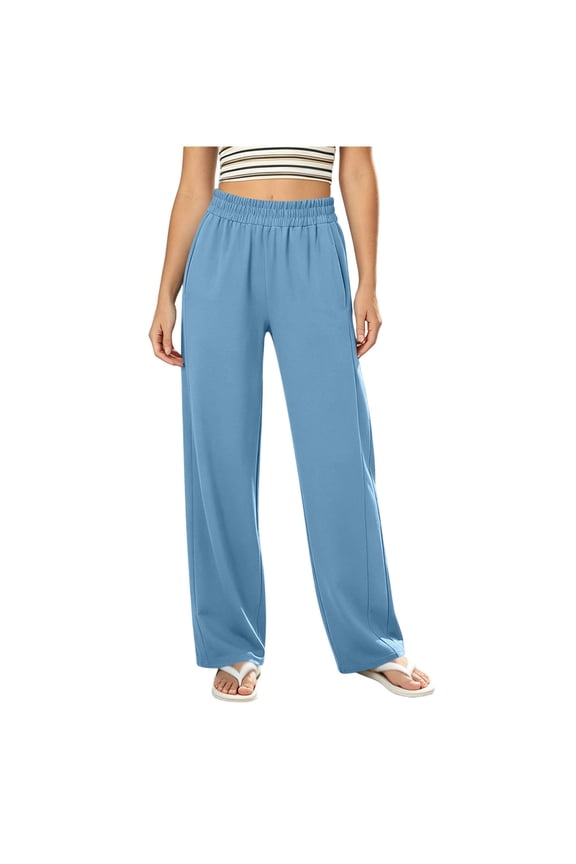 Womens Wide Leg Pants, Elastic Smocked Waist Design, Lightweight Material with Side Seam Pockets for All Day Relaxation Blue S
