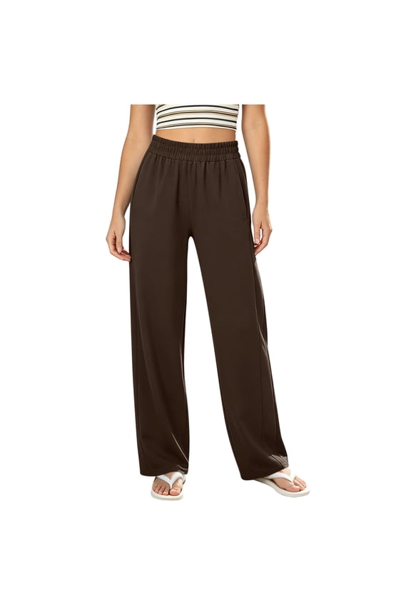 Womens Wide Leg Pants, Elastic Smocked Waist Design, Lightweight Material with Side Seam Pockets for All Day Relaxation Brown S